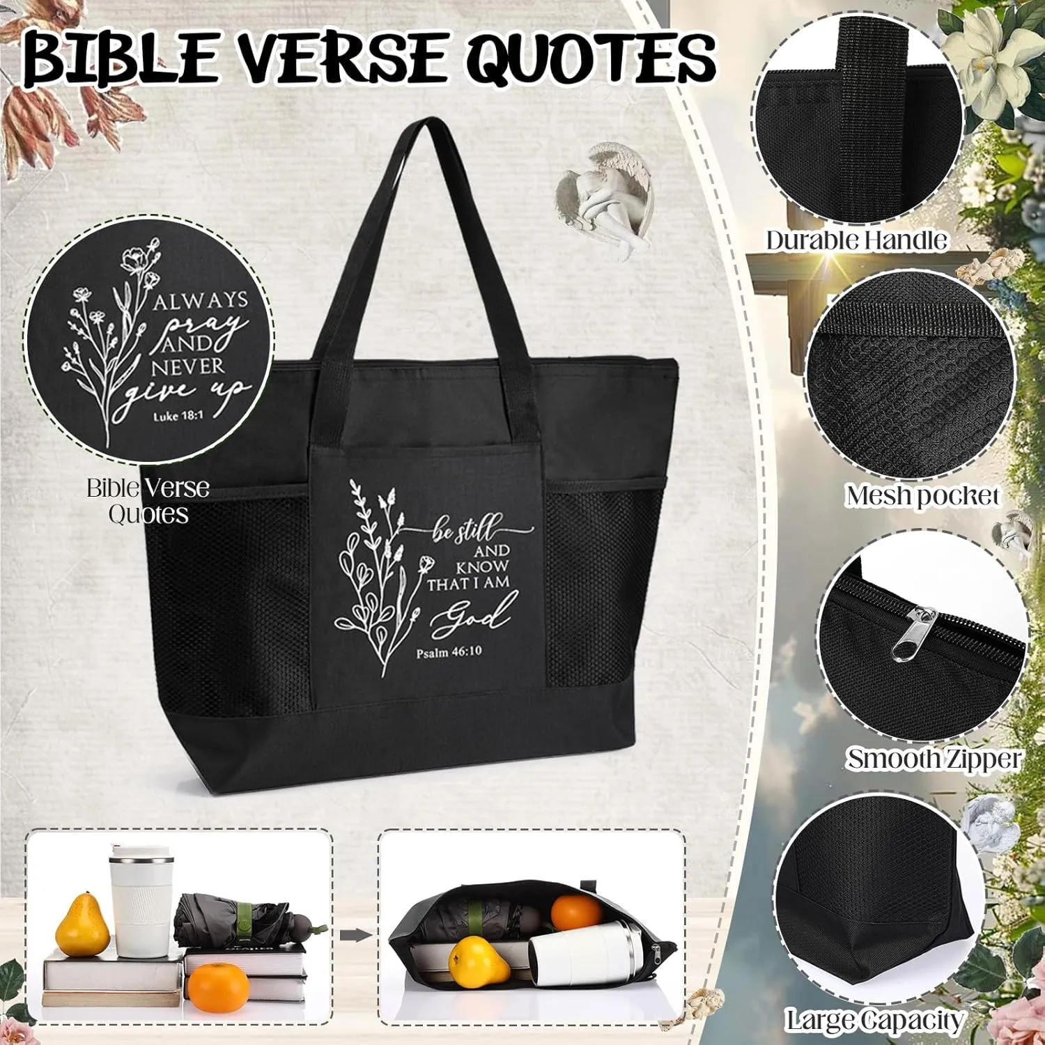 Paterr 6 Pcs Mother's Day Gifts Christian Tote Bags Bulk for Women Church with Zipper Woman Sunday School Teachers Gifts
