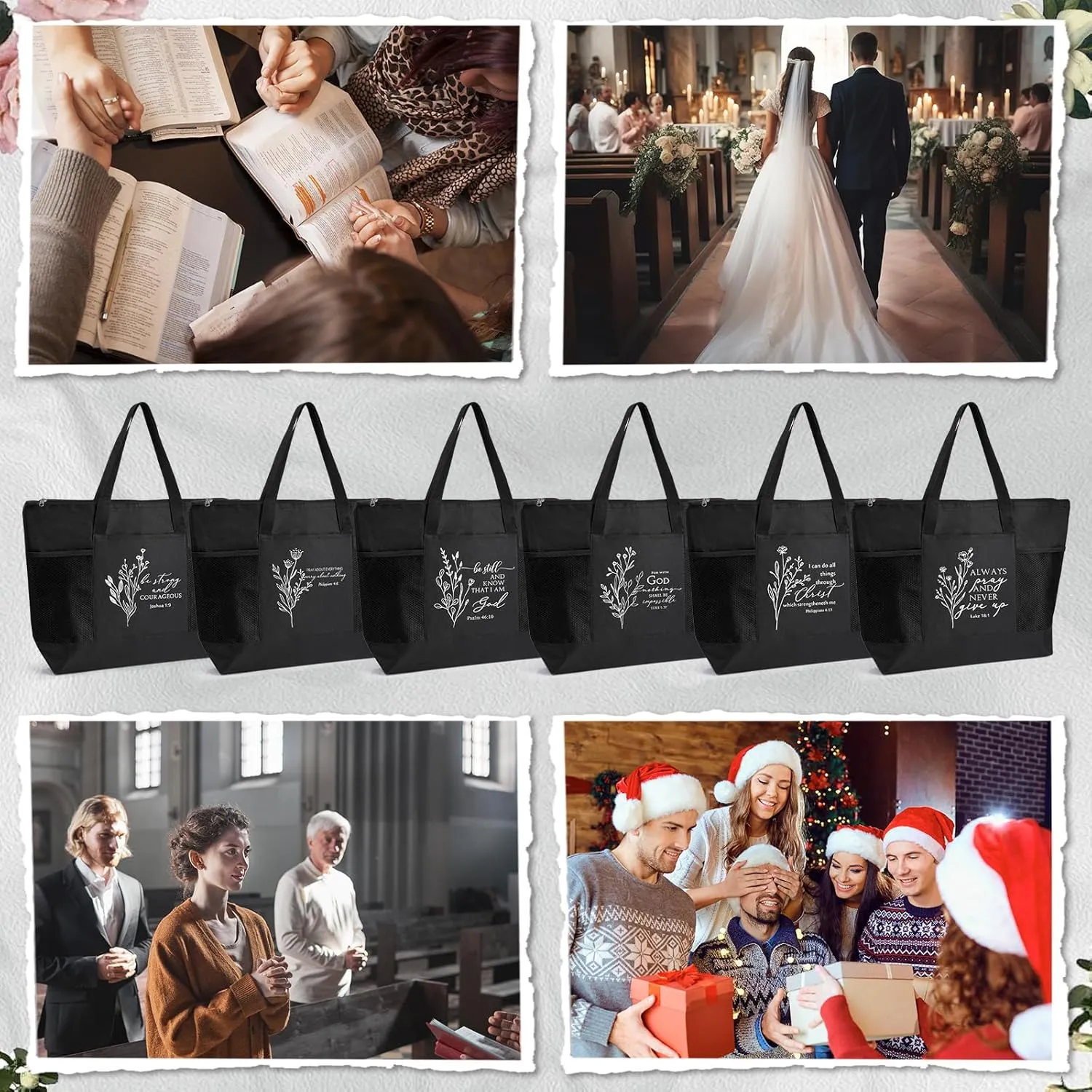 Paterr 6 Pcs Mother's Day Gifts Christian Tote Bags Bulk for Women Church with Zipper Woman Sunday School Teachers Gifts