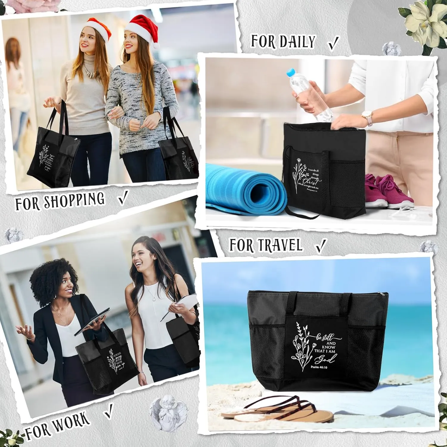 Paterr 6 Pcs Mother's Day Gifts Christian Tote Bags Bulk for Women Church with Zipper Woman Sunday School Teachers Gifts