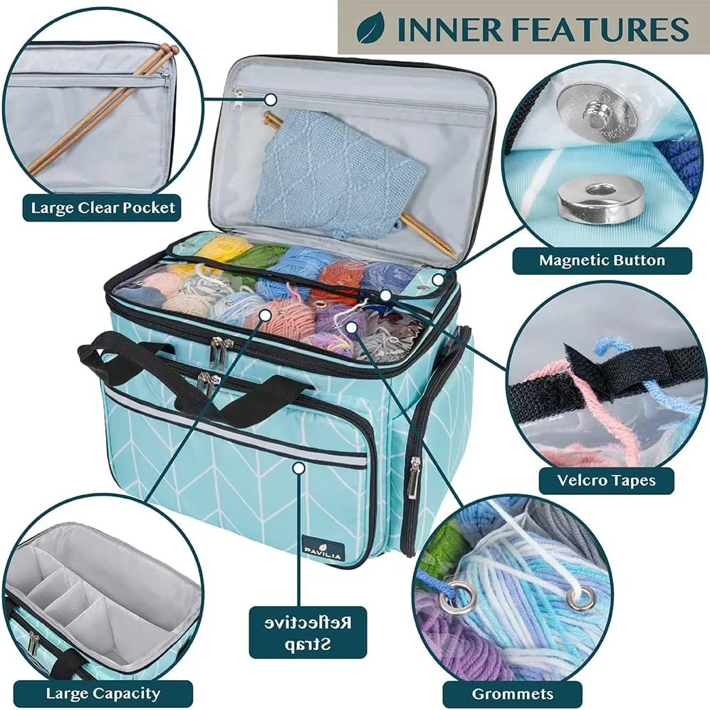 PAVILIA Knitting Bag Yarn Storage Tote, Large Crochet Organizer Bag, Yarn Storage Holder for Crocheting Knitter, Knitting Project Bag, Crochet Accessories Set, Gifts For Crochet Lovers, Chevron Teal