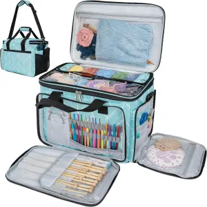 PAVILIA Knitting Bag Yarn Storage Tote, Large Crochet Organizer Bag, Yarn Storage Holder for Crocheting Knitter, Knitting Project Bag, Crochet Accessories Set, Gifts For Crochet Lovers, Chevron Teal