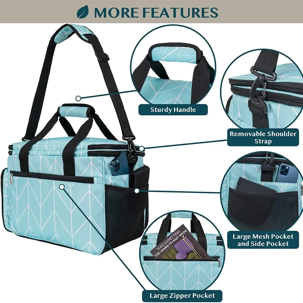 PAVILIA Knitting Bag Yarn Storage Tote, Large Crochet Organizer Bag, Yarn Storage Holder for Crocheting Knitter, Knitting Project Bag, Crochet Accessories Set, Gifts For Crochet Lovers, Chevron Teal