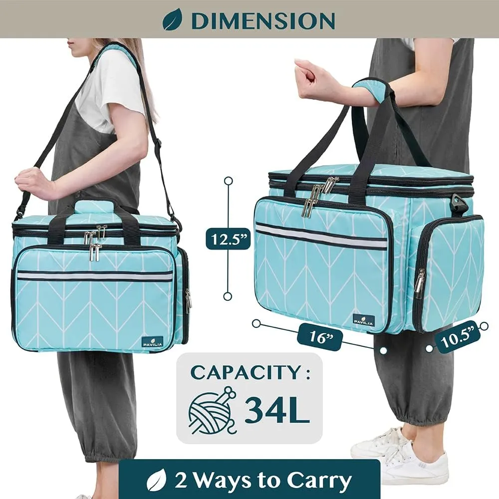 PAVILIA Knitting Bag Yarn Storage Tote, Large Crochet Organizer Bag, Yarn Storage Holder for Crocheting Knitter, Knitting Project Bag, Crochet Accessories Set, Gifts For Crochet Lovers, Chevron Teal