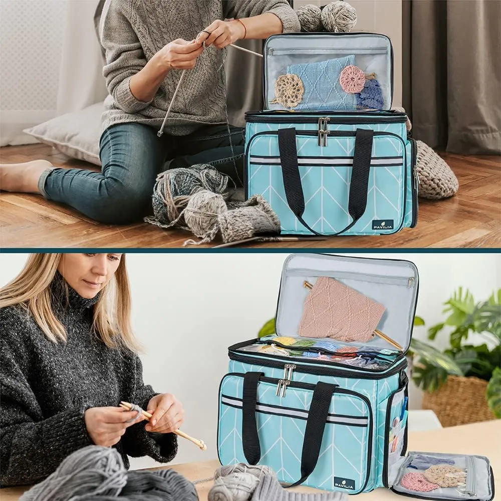 PAVILIA Knitting Bag Yarn Storage Tote, Large Crochet Organizer Bag, Yarn Storage Holder for Crocheting Knitter, Knitting Project Bag, Crochet Accessories Set, Gifts For Crochet Lovers, Chevron Teal