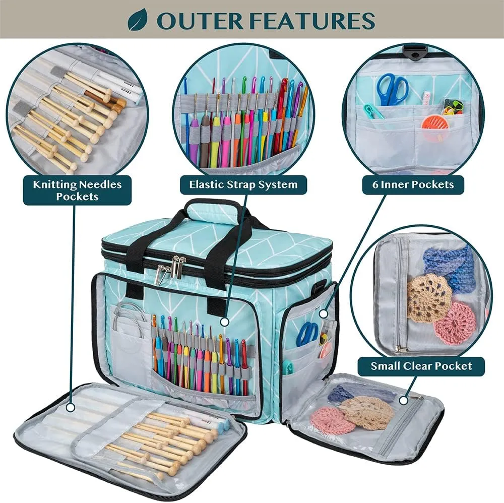 PAVILIA Knitting Bag Yarn Storage Tote, Large Crochet Organizer Bag, Yarn Storage Holder for Crocheting Knitter, Knitting Project Bag, Crochet Accessories Set, Gifts For Crochet Lovers, Chevron Teal