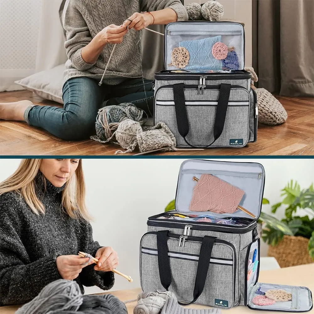 PAVILIA Knitting Bag Yarn Storage Tote, Large Crochet Organizer Bag, Yarn Storage Holder for Crocheting Knitter, Knitting Project Bag, Crochet Accessories Set, Gifts For Crochet Lovers, Heather Grey