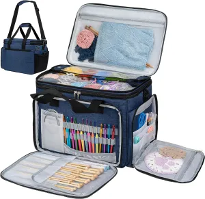 PAVILIA Knitting Bag Yarn Storage Tote, Large Crochet Organizer Bag, Yarn Storage Holder for Crocheting Knitter, Knitting Project Bag, Crochet Accessories Set, Gifts For Crochet Lovers, Heather Navy
