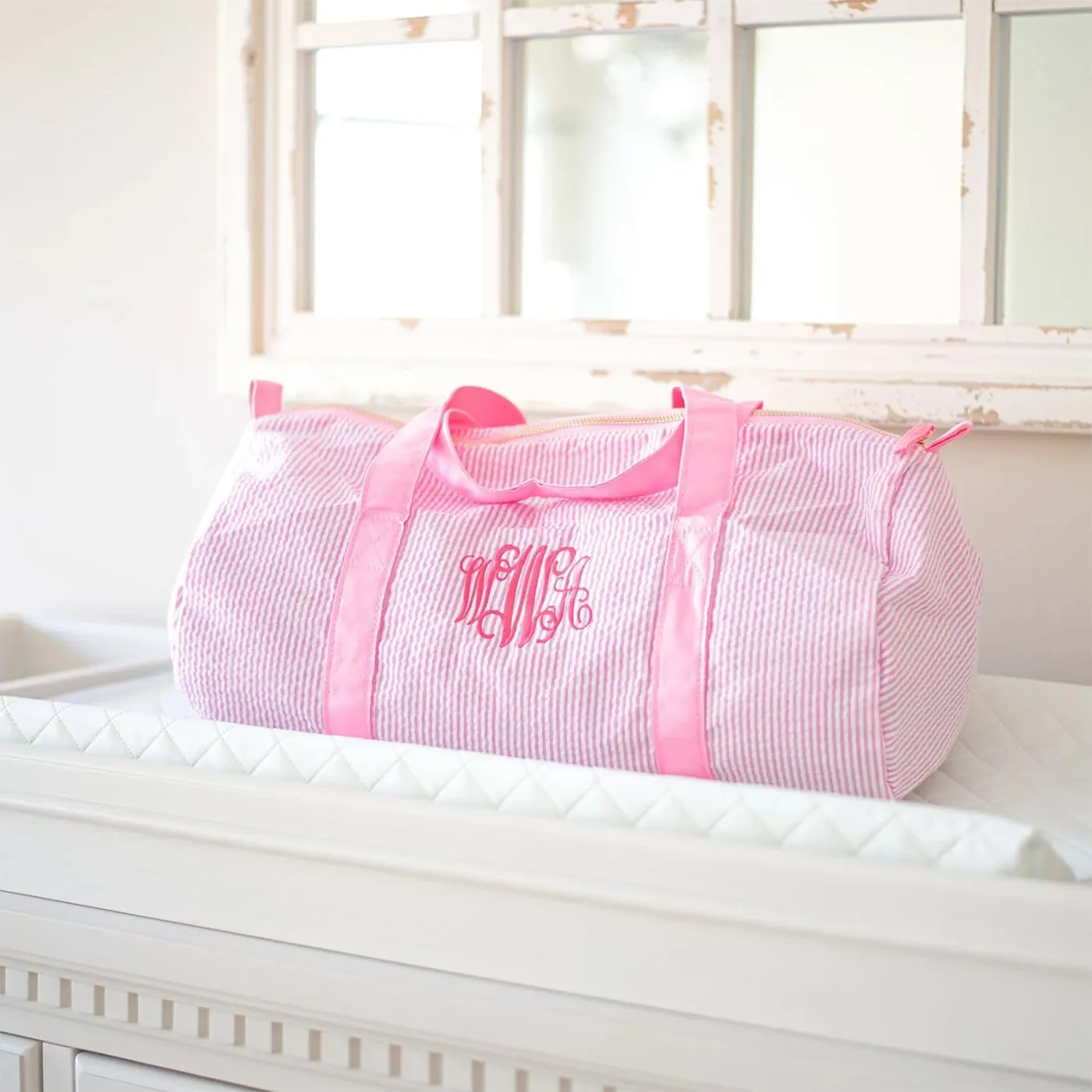 Personalized Baby Duffle Bag, Monogram Seersucker Kid Travel Bag, Kids Duffel Bag, Toddler Diaper Bag, Child Gifts, Overnight Bag, Dance Bag, Light blue, Large
