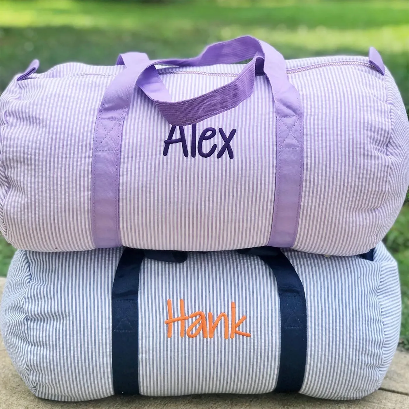 Personalized Baby Duffle Bag, Monogram Seersucker Kid Travel Bag, Kids Duffel Bag, Toddler Diaper Bag, Child Gifts, Overnight Bag, Dance Bag, Light blue, Large
