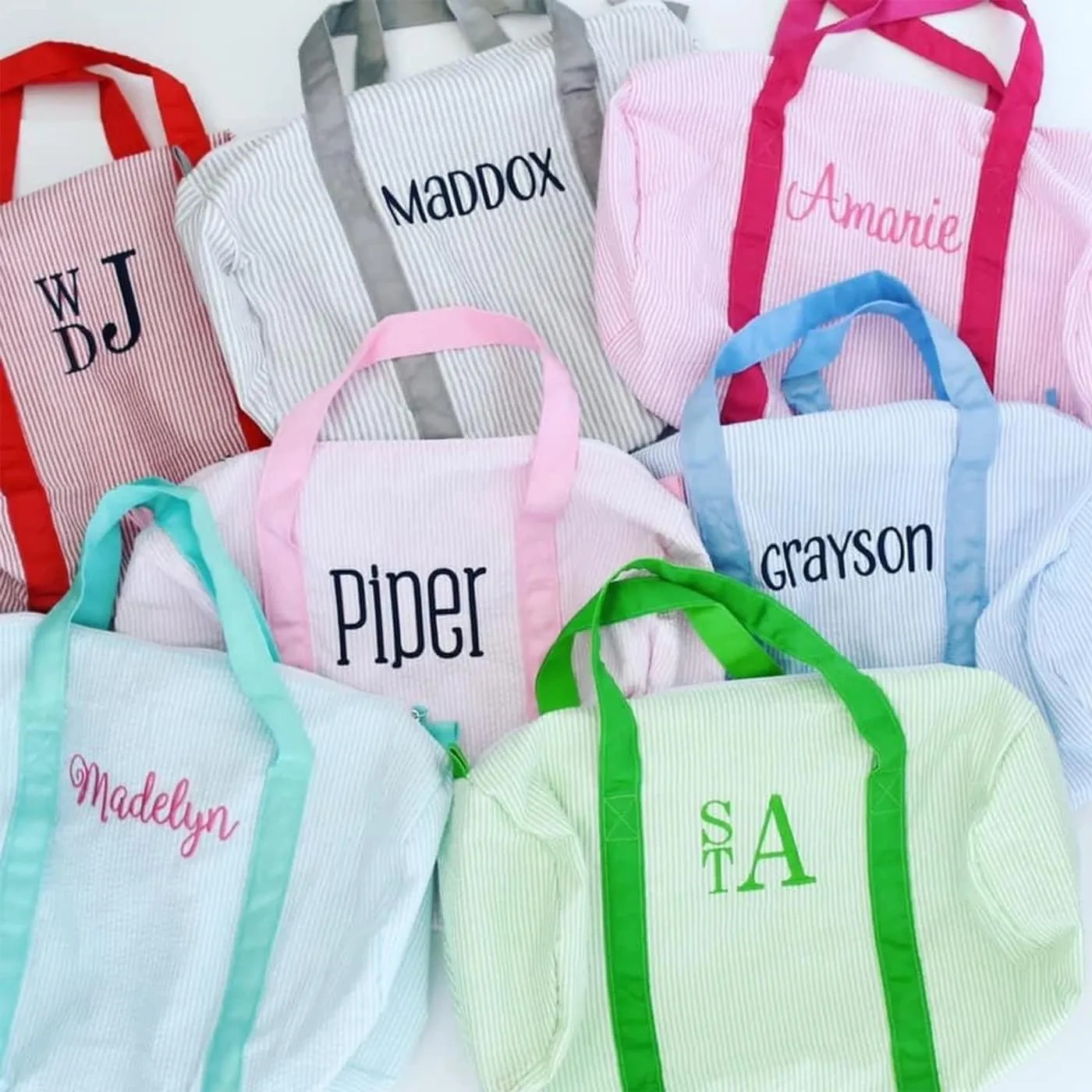 Personalized Baby Duffle Bag, Monogram Seersucker Kid Travel Bag, Kids Duffel Bag, Toddler Diaper Bag, Child Gifts, Overnight Bag, Dance Bag, Light blue, Large