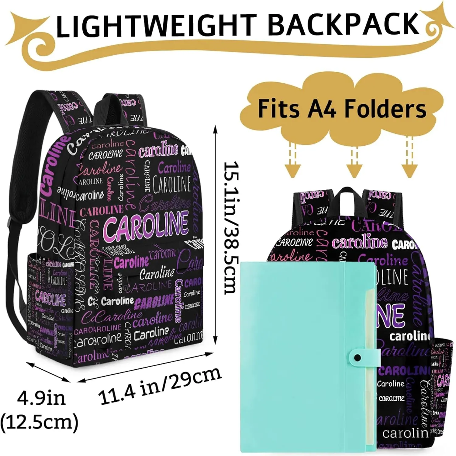 Personalized Backpack Bag with Name Lightweight Custom Shoulder Bags Waterproof Casual Backpacks Travel Laptop Bag 15.1in, Colorful Waves