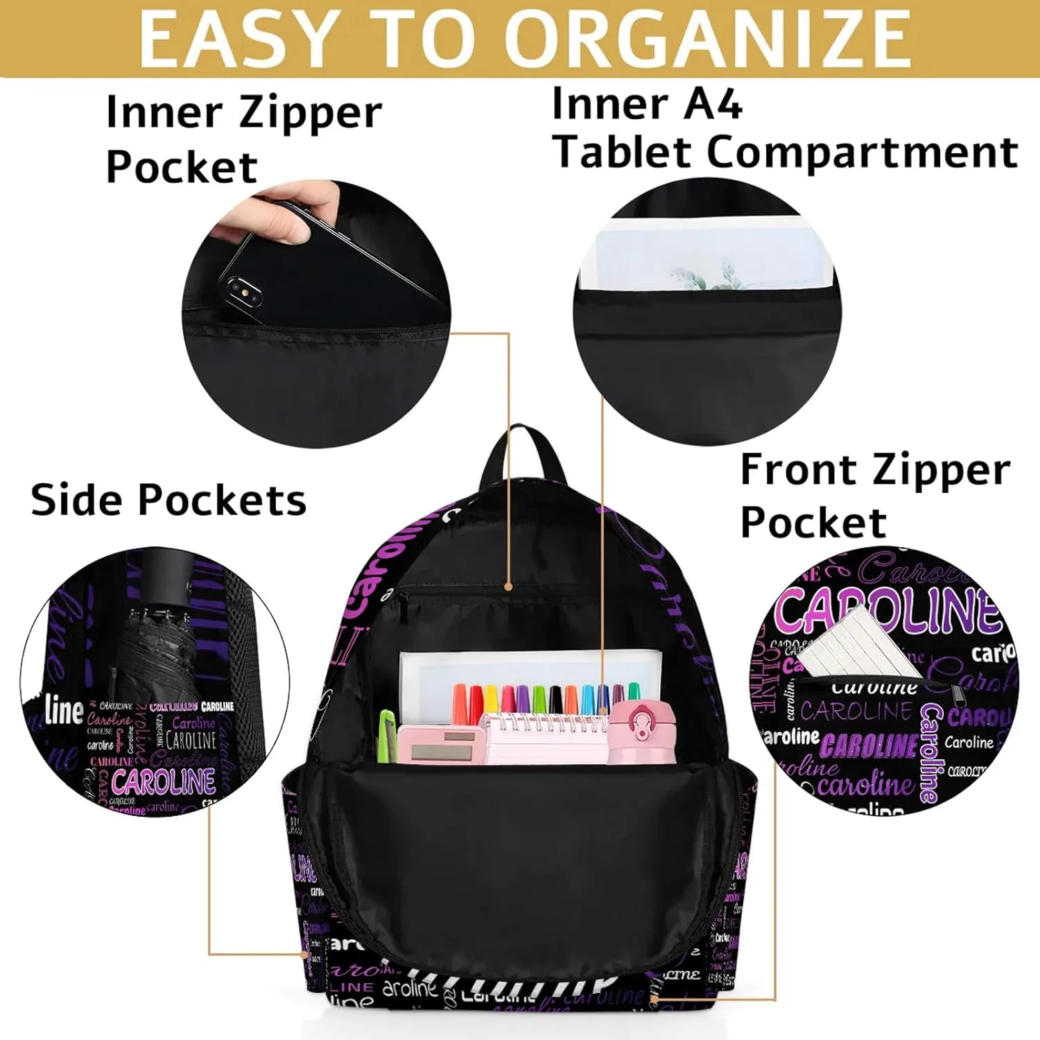 Personalized Backpack Bag with Name Lightweight Custom Shoulder Bags Waterproof Casual Backpacks Travel Laptop Bag 15.1in, Colorful Waves