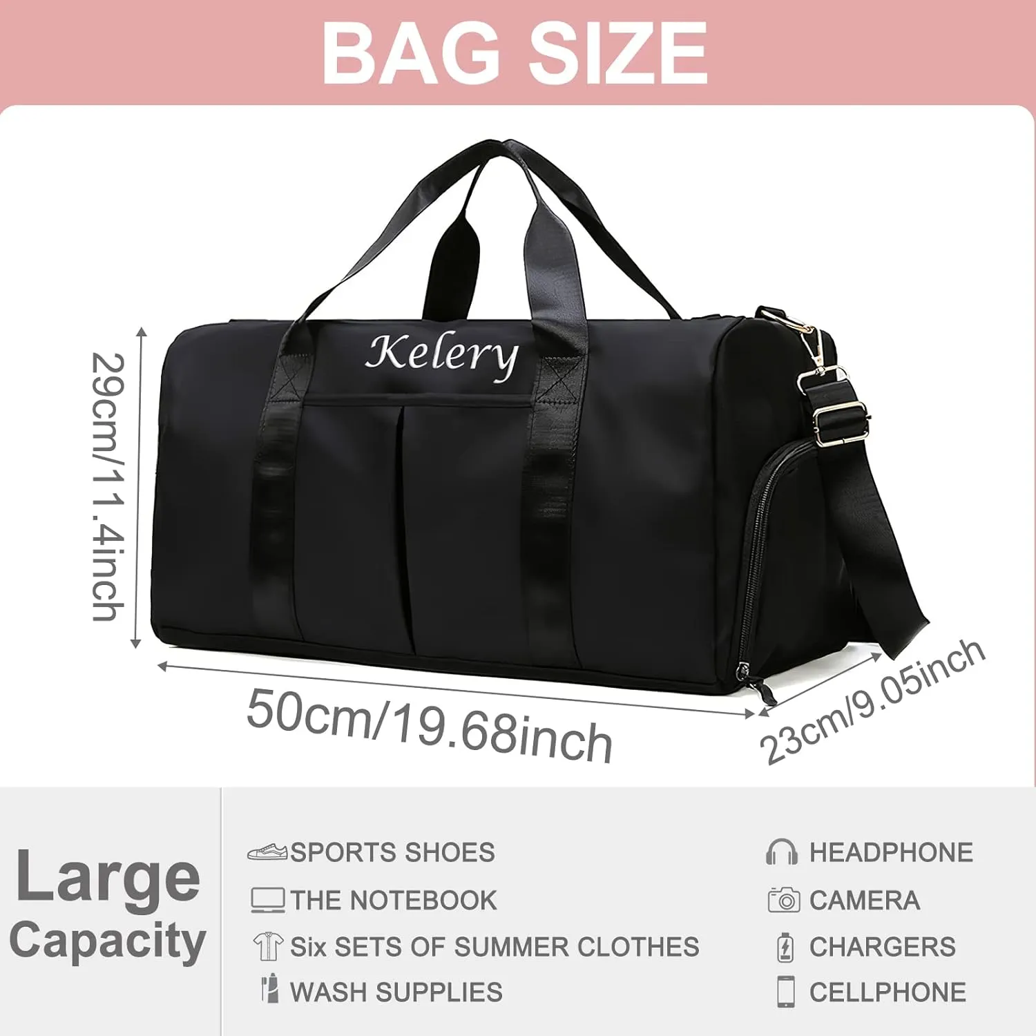 Personalized Blue Polyester Duffel Bag, 19.68 x 11.4 x 9.05 inches, Custom Sports Gym Travel Bag with Wet Dry Pockets & Shoe Compartment