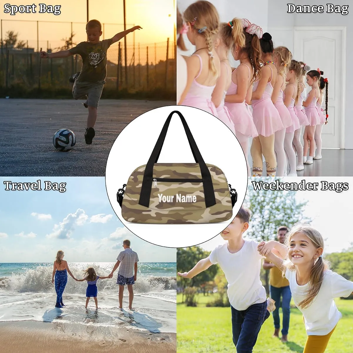 Personalized Camouflage Effective Sport Duffel Bag Custom Name Kids Gym Bags Carry On Travel Bag Weekender Overnight Bag for Boys Girls Teens