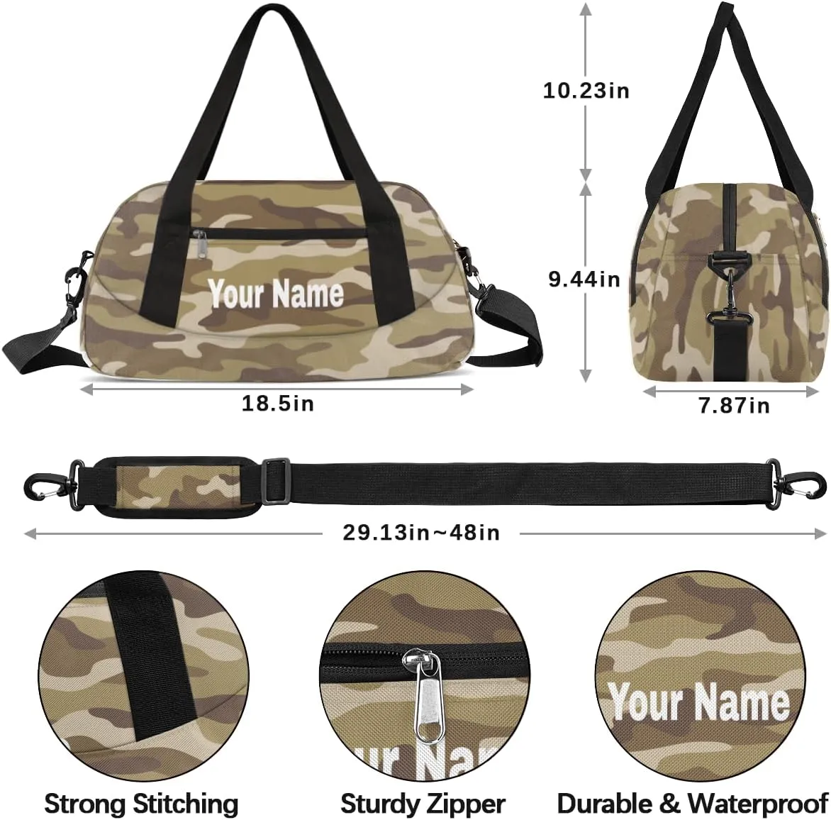 Personalized Camouflage Effective Sport Duffel Bag Custom Name Kids Gym Bags Carry On Travel Bag Weekender Overnight Bag for Boys Girls Teens