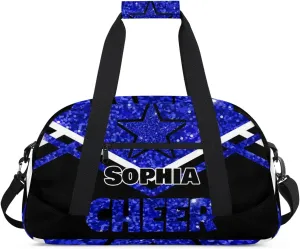 Personalized Cheer Duffel Bag With Name - Dance, Gym, Sport, Weekender, Travel Bag for Cheerleaders - Stars Navy Blue Sequins Glitters Black