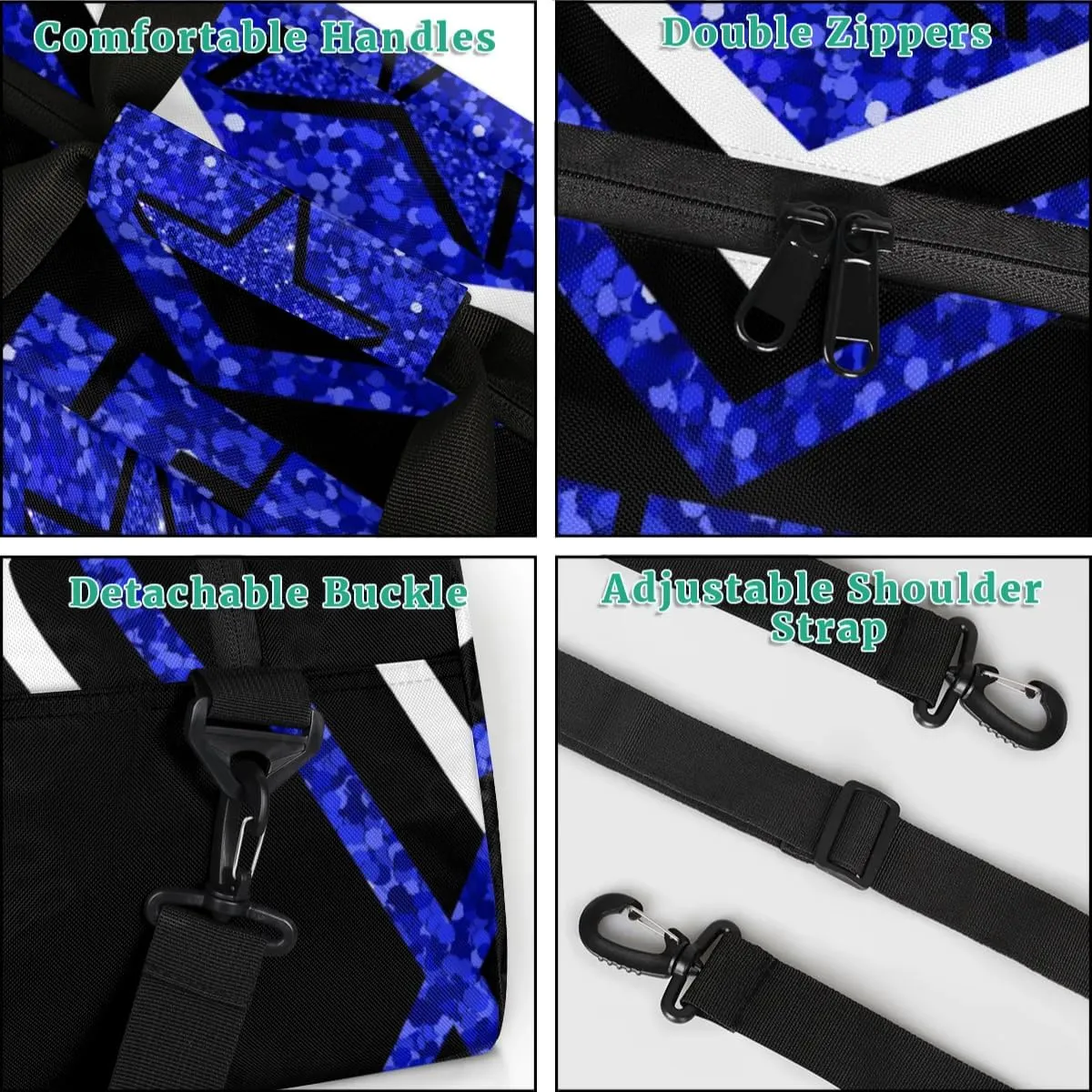 Personalized Cheer Duffel Bag With Name - Dance, Gym, Sport, Weekender, Travel Bag for Cheerleaders - Stars Navy Blue Sequins Glitters Black