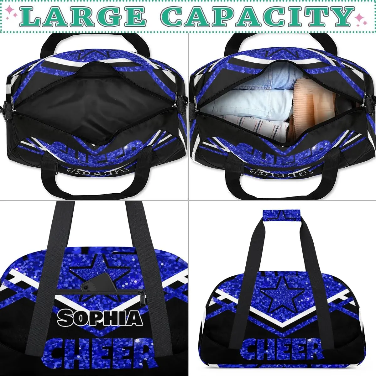 Personalized Cheer Duffel Bag With Name - Dance, Gym, Sport, Weekender, Travel Bag for Cheerleaders - Stars Navy Blue Sequins Glitters Black