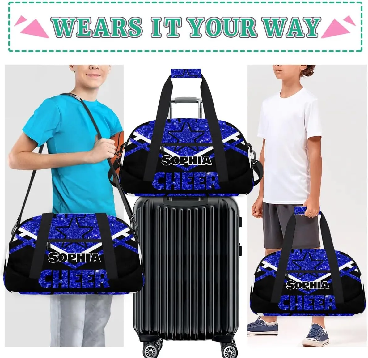 Personalized Cheer Duffel Bag With Name - Dance, Gym, Sport, Weekender, Travel Bag for Cheerleaders - Stars Navy Blue Sequins Glitters Black