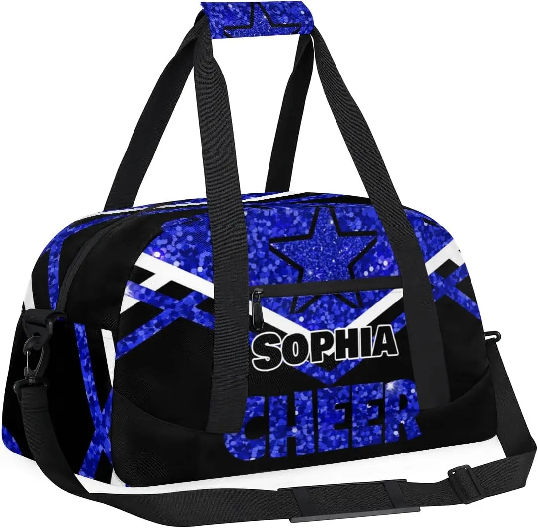 Personalized Cheer Duffel Bag With Name - Dance, Gym, Sport, Weekender, Travel Bag for Cheerleaders - Stars Navy Blue Sequins Glitters Black