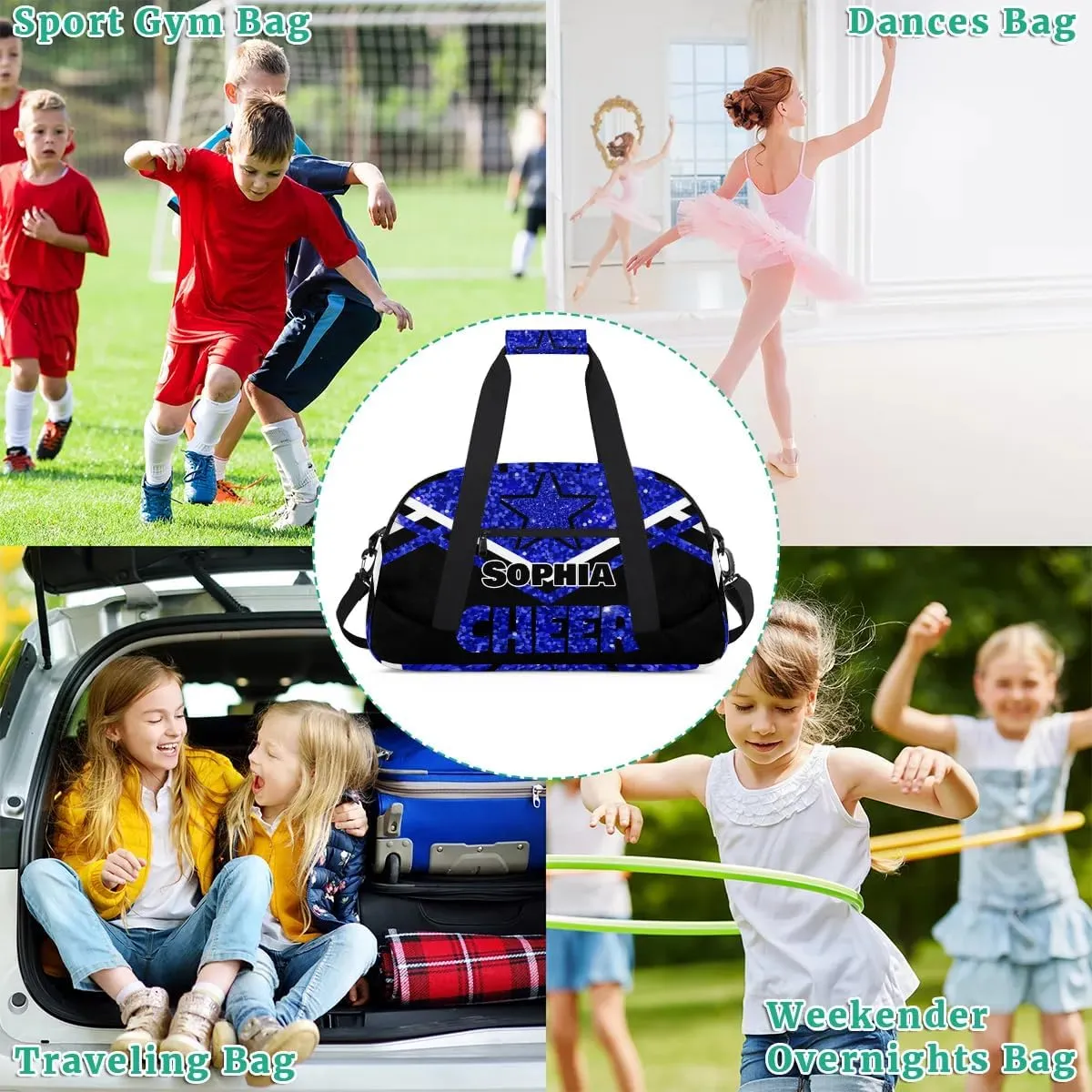 Personalized Cheer Duffel Bag With Name - Dance, Gym, Sport, Weekender, Travel Bag for Cheerleaders - Stars Navy Blue Sequins Glitters Black