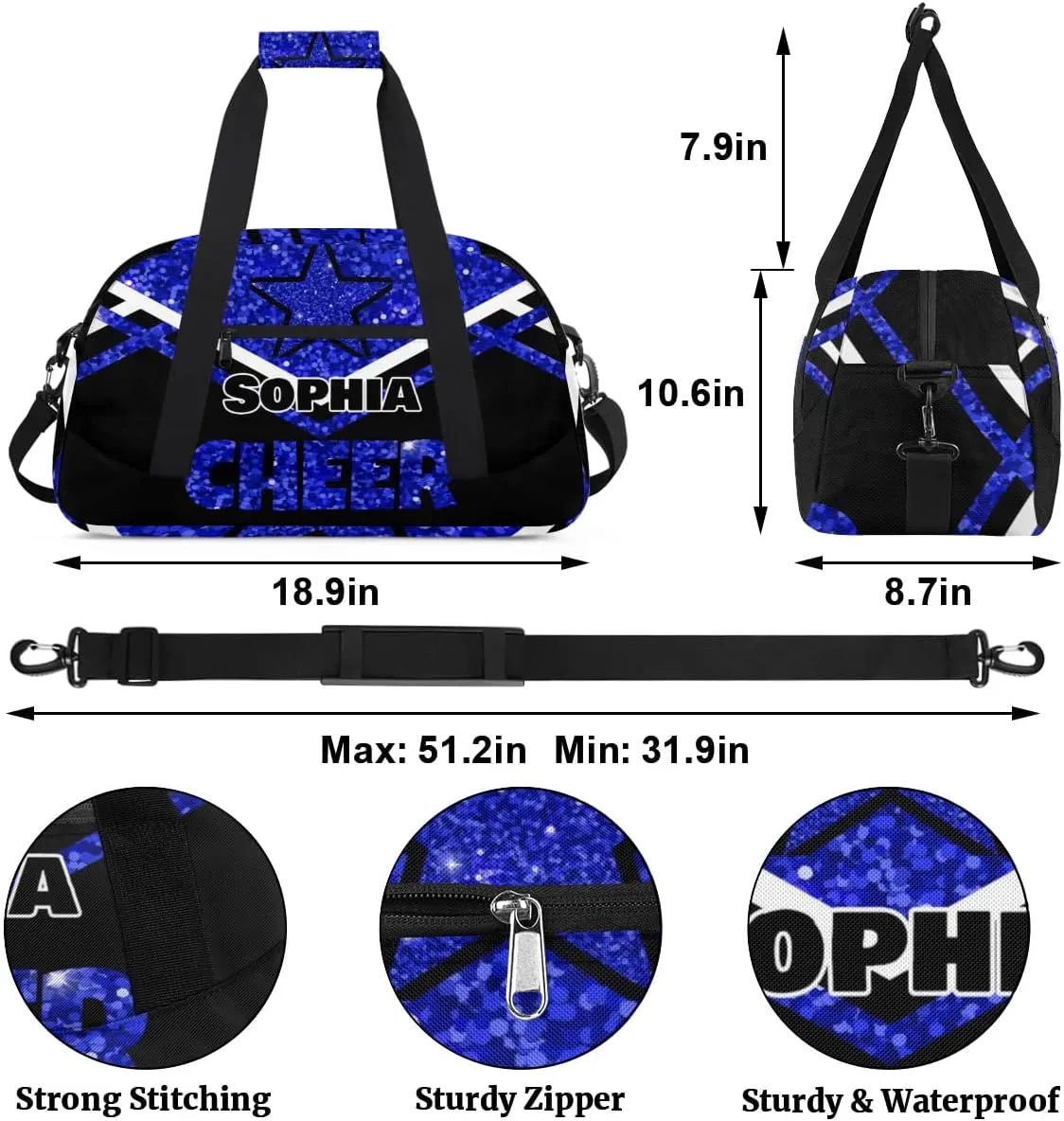 Personalized Cheer Duffel Bag With Name - Dance, Gym, Sport, Weekender, Travel Bag for Cheerleaders - Stars Navy Blue Sequins Glitters Black