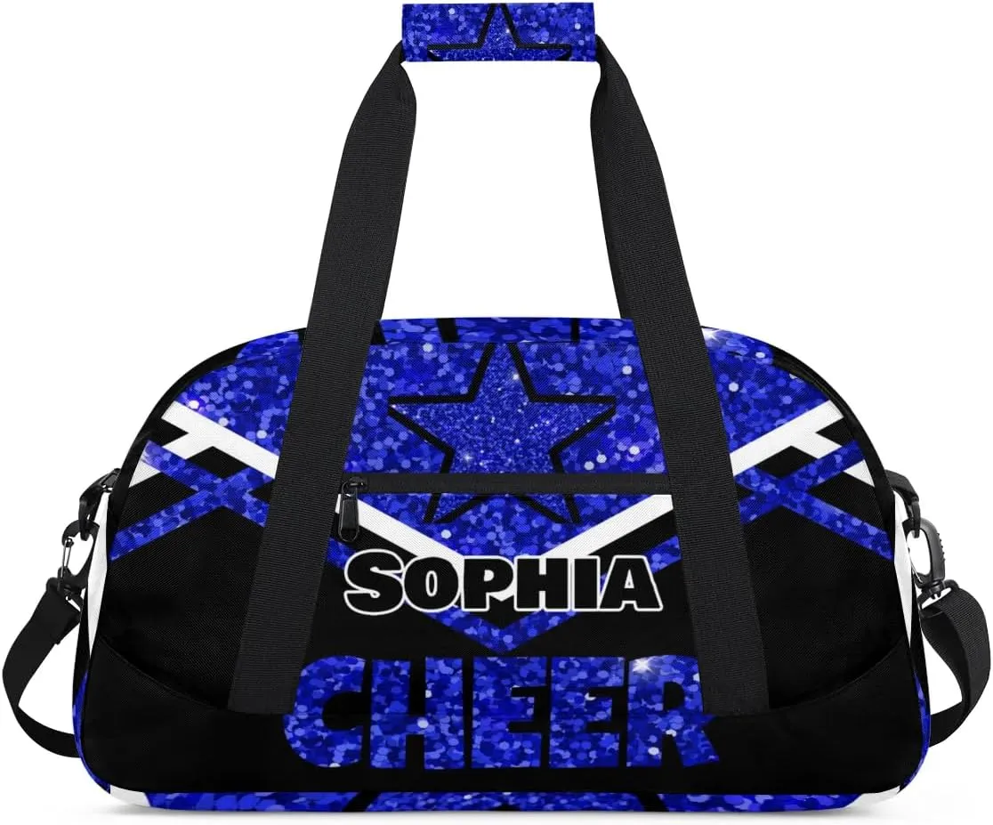 Personalized Cheer Duffel Bag With Name - Dance, Gym, Sport, Weekender, Travel Bag for Cheerleaders - Stars Navy Blue Sequins Glitters Black