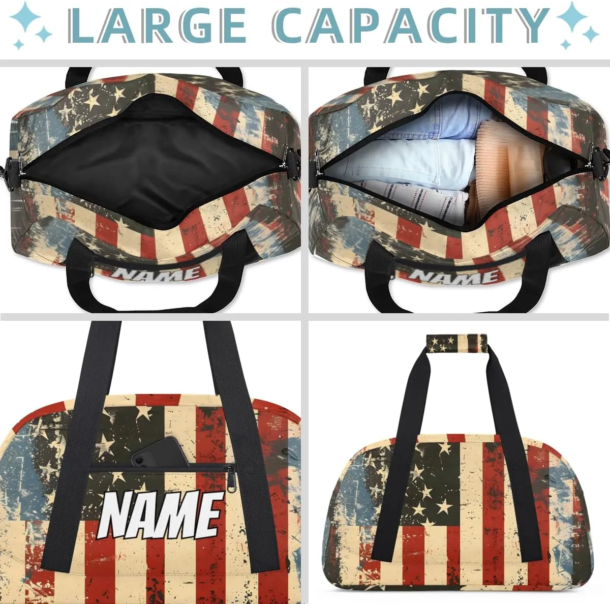 Personalized Custom Gym Bag for Women Men Carry on American Flag Travel Duffel Tote Vintage Independence Day Overnight Workout Weekender Bag
