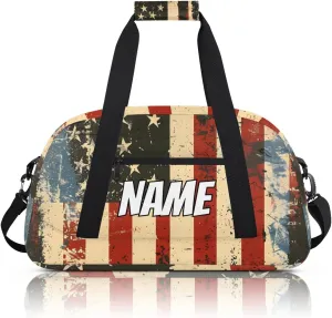 Personalized Custom Gym Bag for Women Men Carry on American Flag Travel Duffel Tote Vintage Independence Day Overnight Workout Weekender Bag