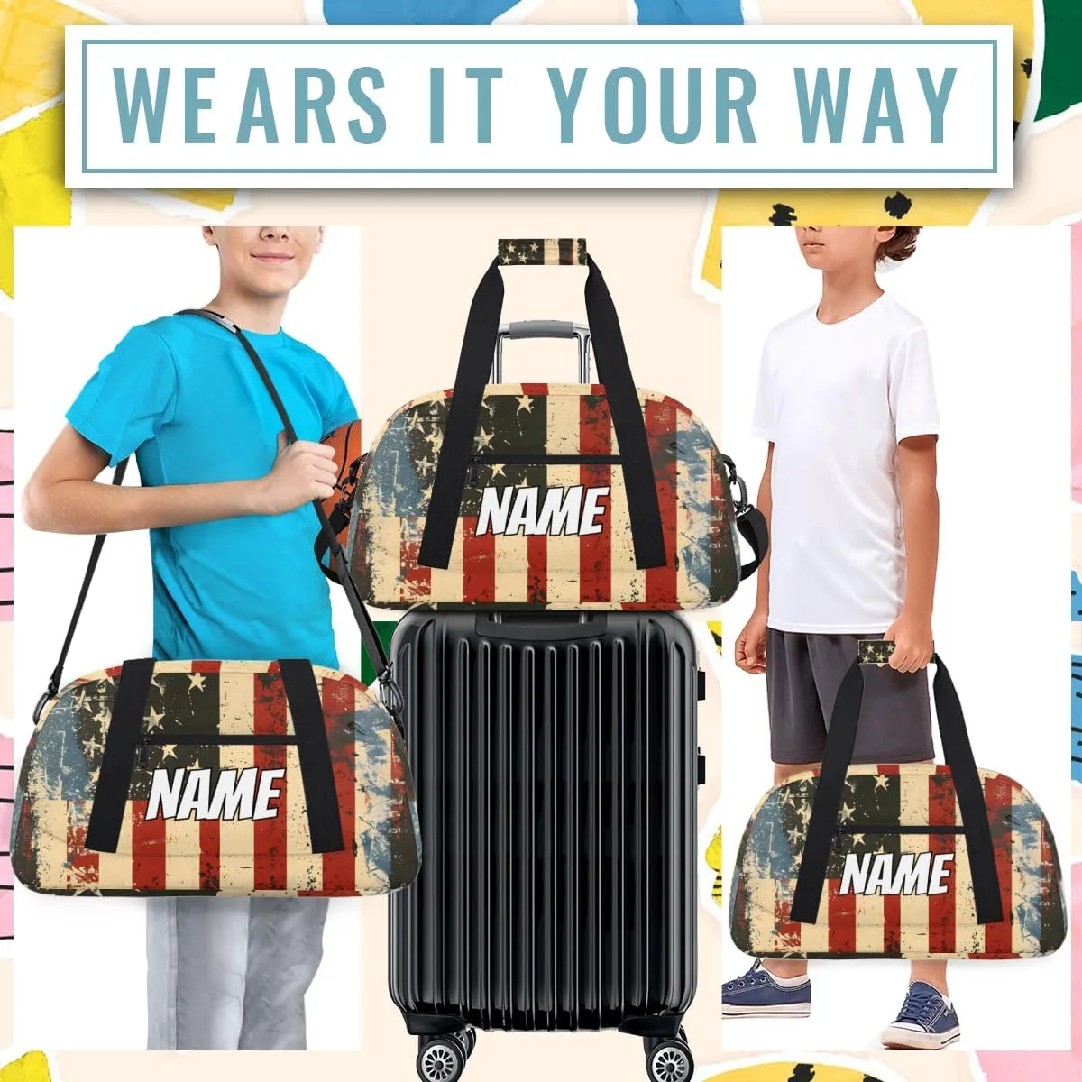 Personalized Custom Gym Bag for Women Men Carry on American Flag Travel Duffel Tote Vintage Independence Day Overnight Workout Weekender Bag