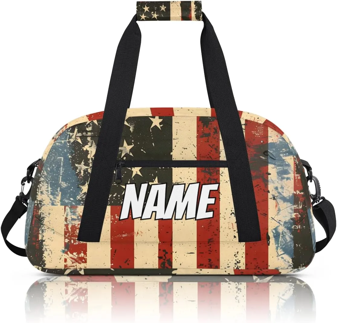 Personalized Custom Gym Bag for Women Men Carry on American Flag Travel Duffel Tote Vintage Independence Day Overnight Workout Weekender Bag