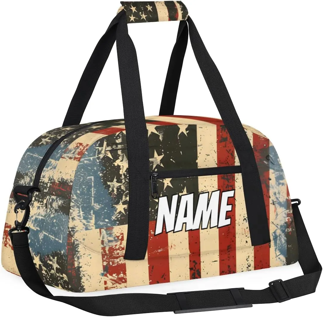 Personalized Custom Gym Bag for Women Men Carry on American Flag Travel Duffel Tote Vintage Independence Day Overnight Workout Weekender Bag