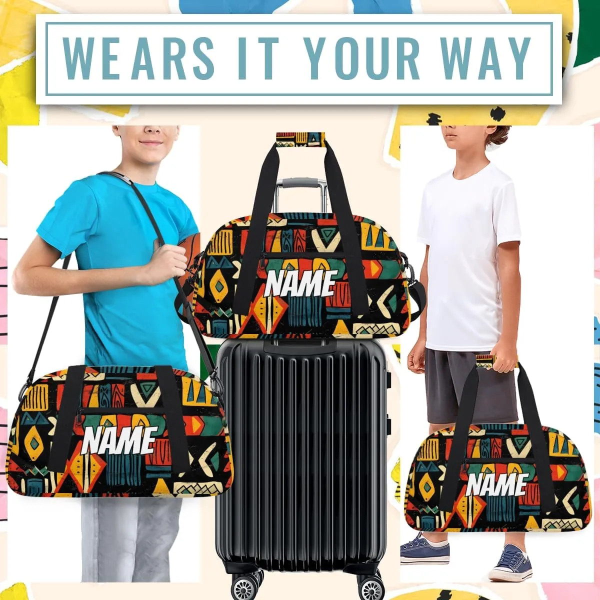 Personalized Custom Gym Bag for Women Men Carry on Aztec Western Travel Duffel Tote Abstract Pattern Overnight Workout Weekender Bag