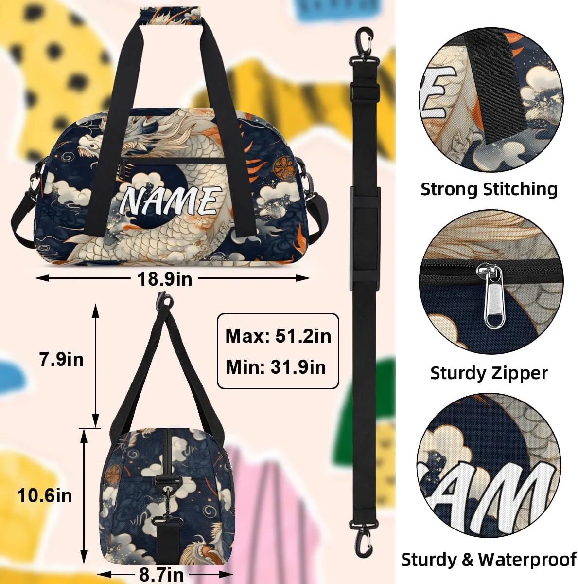 Personalized Custom Gym Bag for Women Men Carry on Chinese Dragon Travel Duffel Tote Asian Animal Overnight Workout Weekender Bag