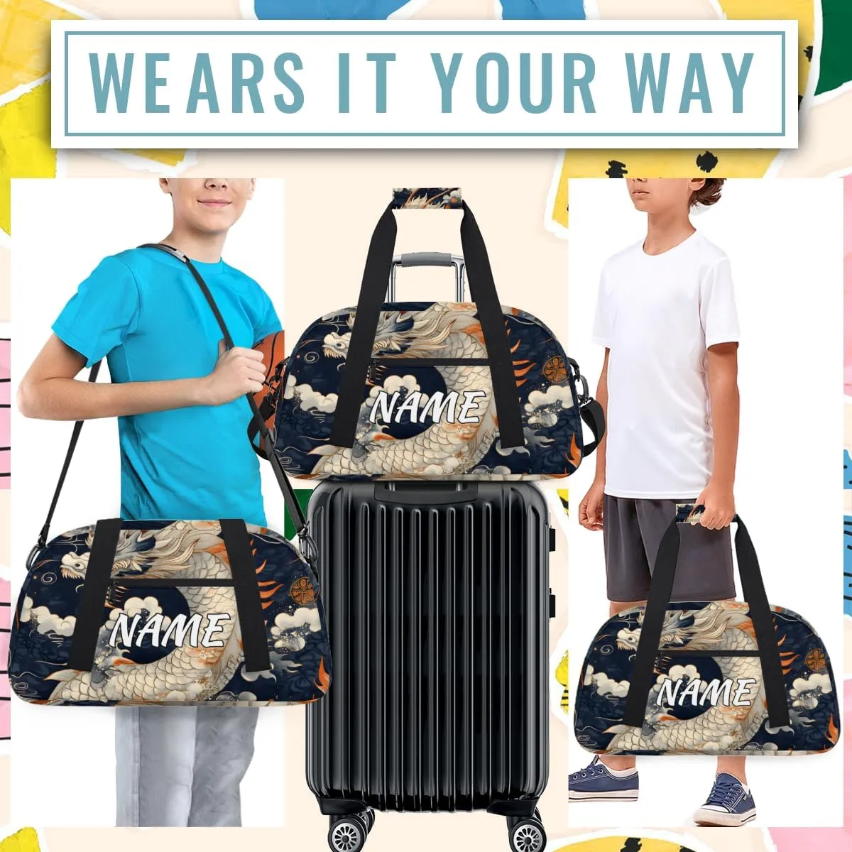 Personalized Custom Gym Bag for Women Men Carry on Chinese Dragon Travel Duffel Tote Asian Animal Overnight Workout Weekender Bag