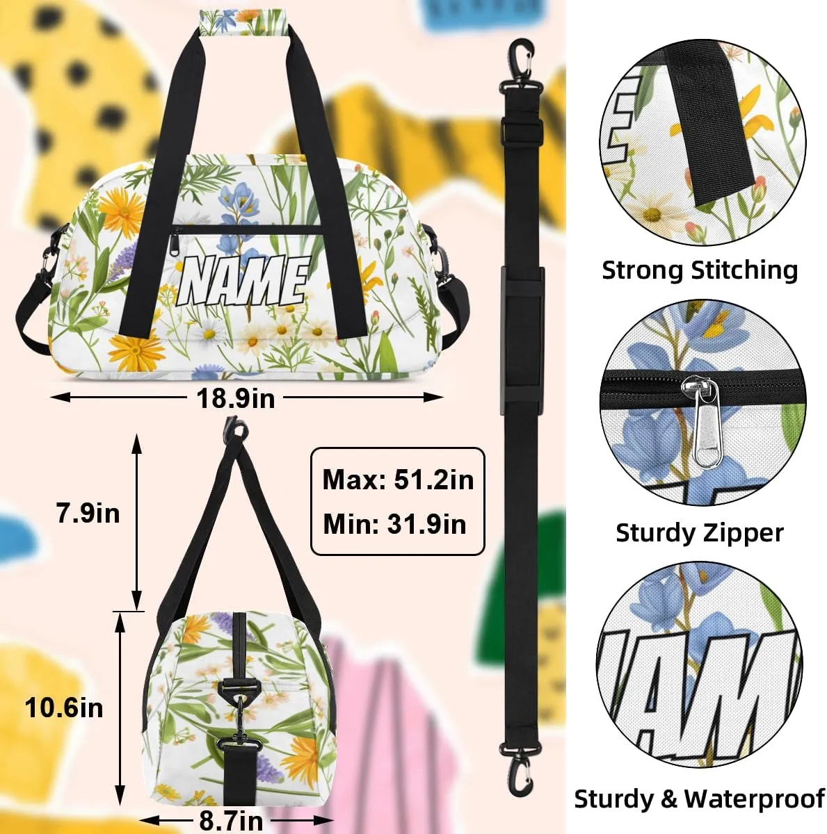 Personalized Custom Gym Bag for Women Men Carry on Floral Colorful Travel Duffel Tote Wildflower Flower Overnight Workout Weekender Bag