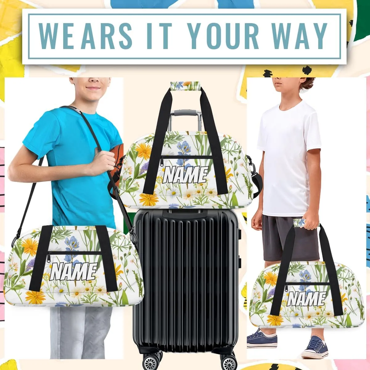 Personalized Custom Gym Bag for Women Men Carry on Floral Colorful Travel Duffel Tote Wildflower Flower Overnight Workout Weekender Bag