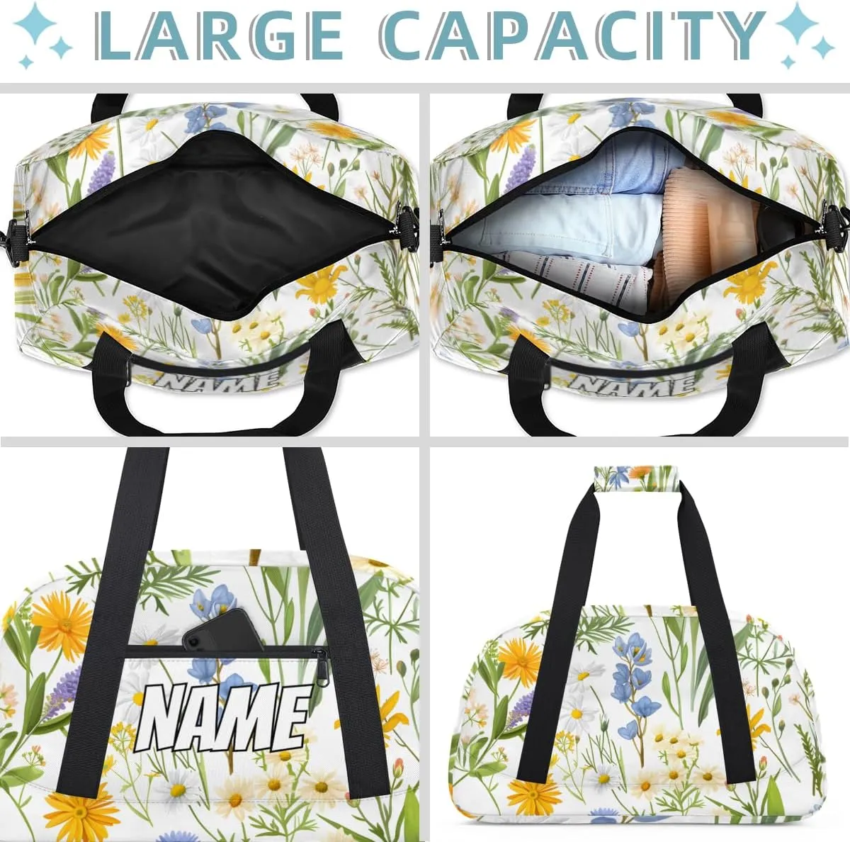 Personalized Custom Gym Bag for Women Men Carry on Floral Colorful Travel Duffel Tote Wildflower Flower Overnight Workout Weekender Bag