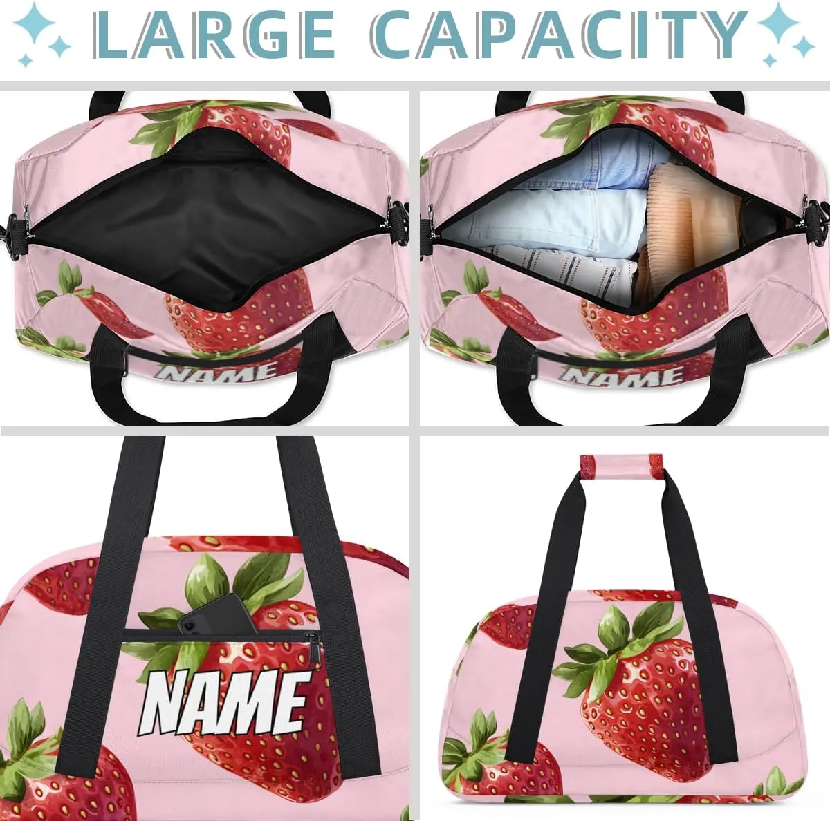 Personalized Custom Gym Bag for Women Men Carry on Fruit Strawberry Travel Duffel Tote Green Leaf Summer Overnight Workout Weekender Bag