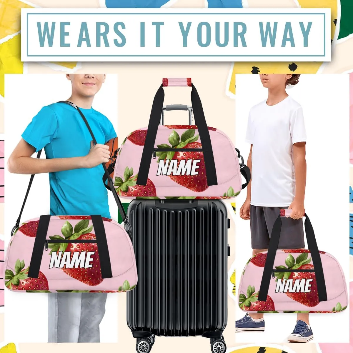 Personalized Custom Gym Bag for Women Men Carry on Fruit Strawberry Travel Duffel Tote Green Leaf Summer Overnight Workout Weekender Bag
