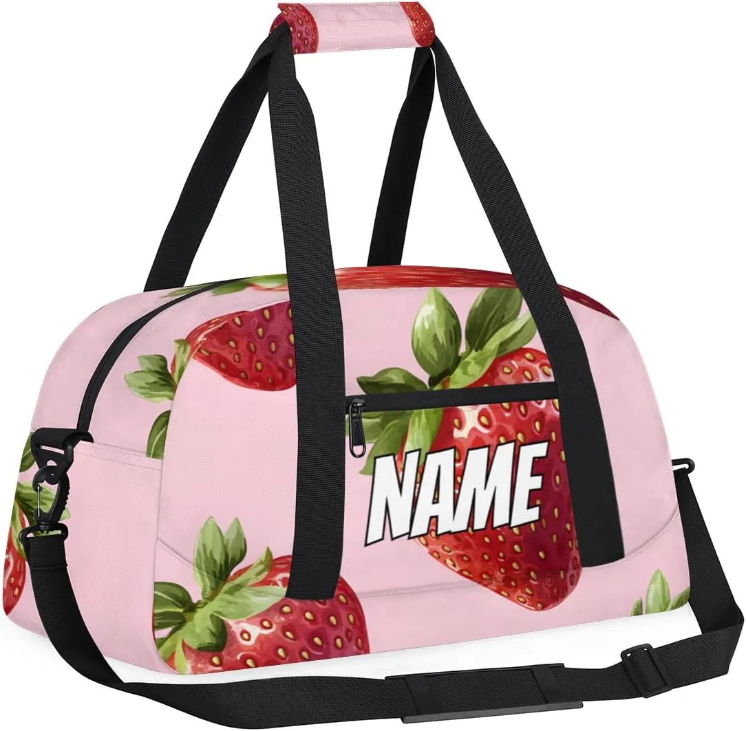 Personalized Custom Gym Bag for Women Men Carry on Fruit Strawberry Travel Duffel Tote Green Leaf Summer Overnight Workout Weekender Bag
