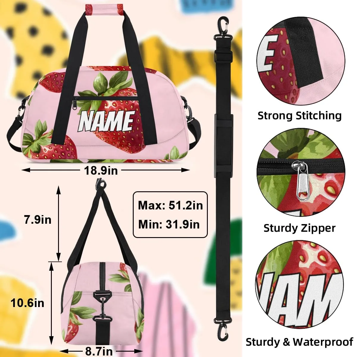 Personalized Custom Gym Bag for Women Men Carry on Fruit Strawberry Travel Duffel Tote Green Leaf Summer Overnight Workout Weekender Bag