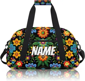 Personalized Custom Gym Bag for Women Men Carry on Mexican Floral Travel Duffel Tote Vintage Retro Overnight Workout Weekender Bag