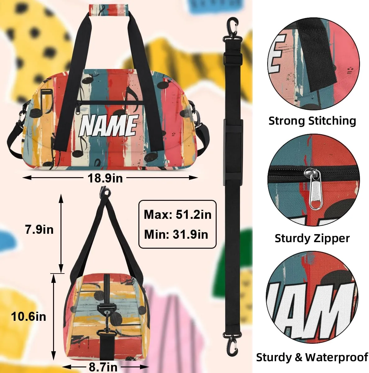 Personalized Custom Gym Bag for Women Men Carry on Music Note Travel Duffel Tote Colorful Note Overnight Workout Weekender Bag