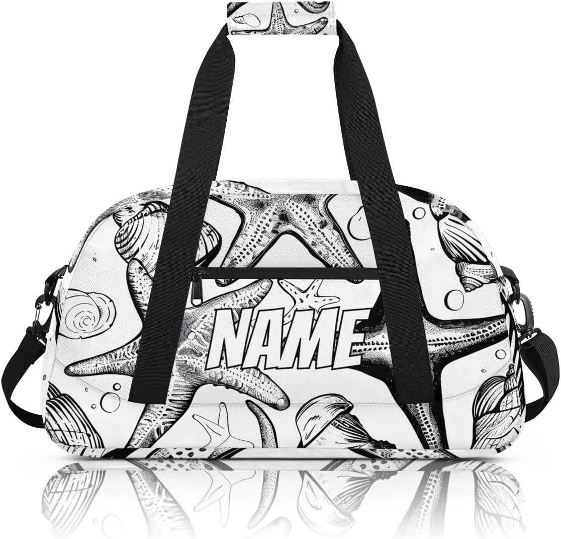 Personalized Custom Gym Bag for Women Men Carry on Nautical Starfish Travel Duffel Tote Black White Overnight Workout Weekender Bag