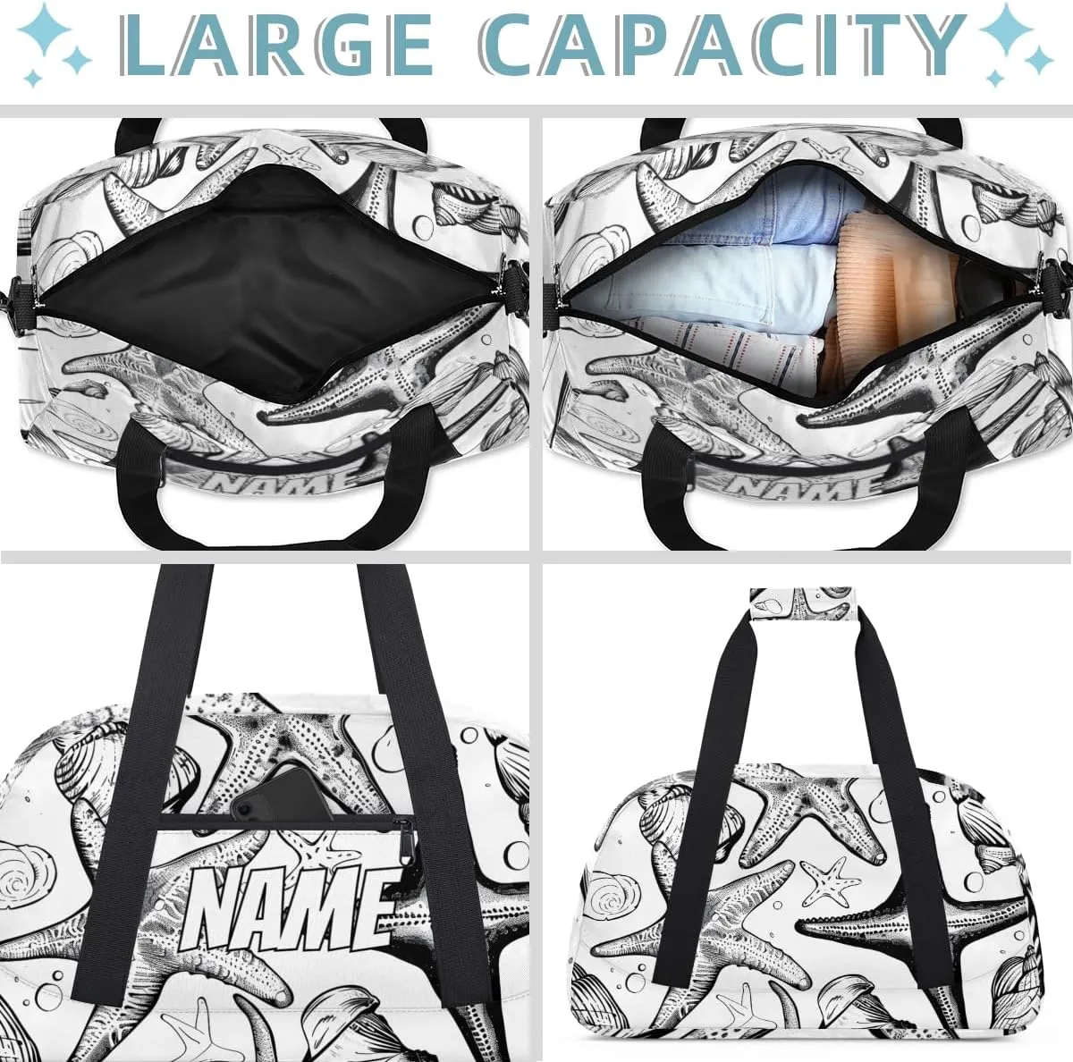 Personalized Custom Gym Bag for Women Men Carry on Nautical Starfish Travel Duffel Tote Black White Overnight Workout Weekender Bag