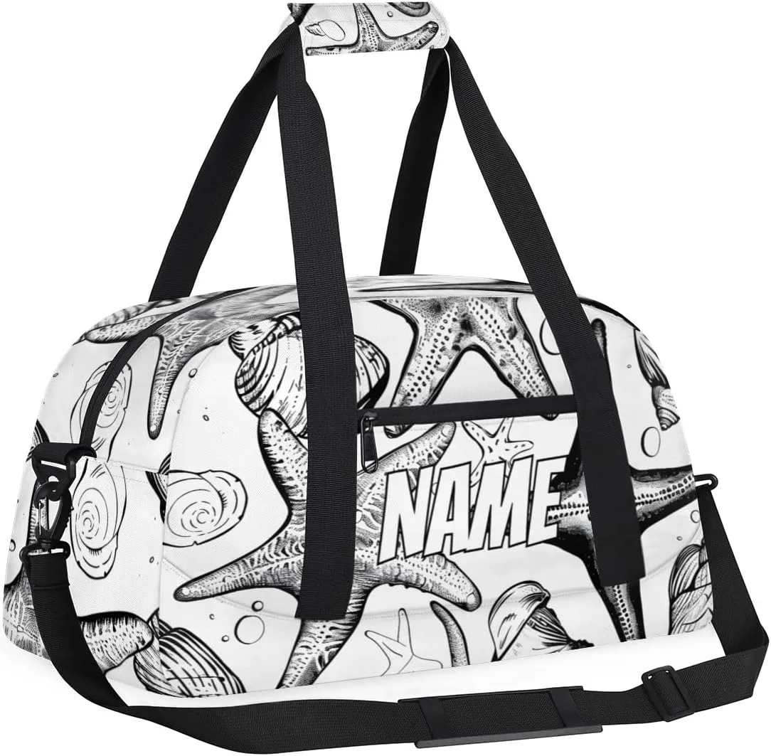 Personalized Custom Gym Bag for Women Men Carry on Nautical Starfish Travel Duffel Tote Black White Overnight Workout Weekender Bag