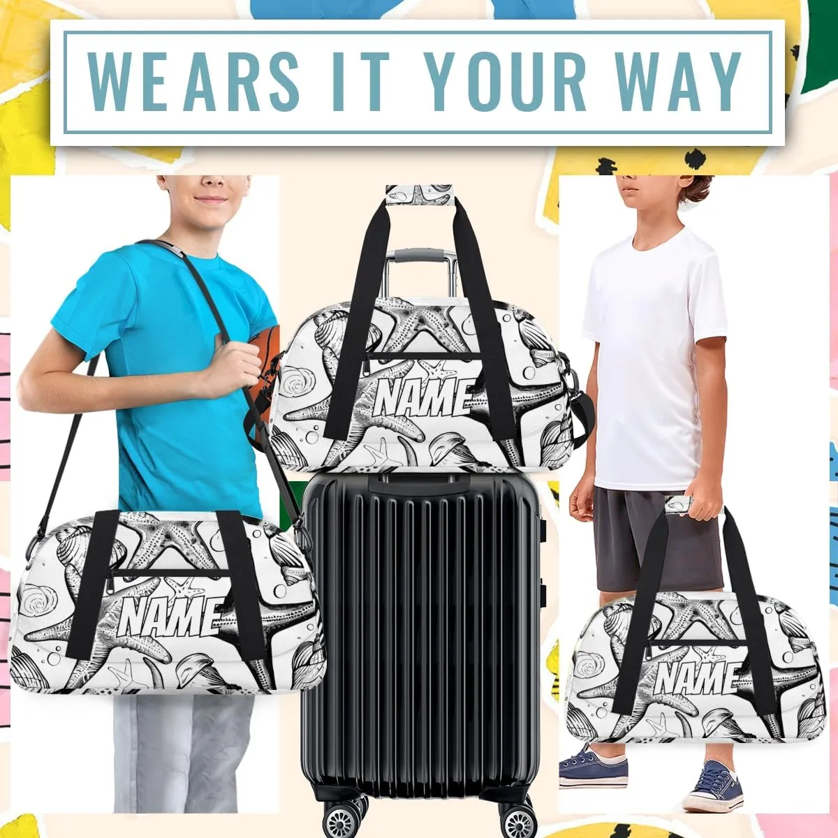 Personalized Custom Gym Bag for Women Men Carry on Nautical Starfish Travel Duffel Tote Black White Overnight Workout Weekender Bag