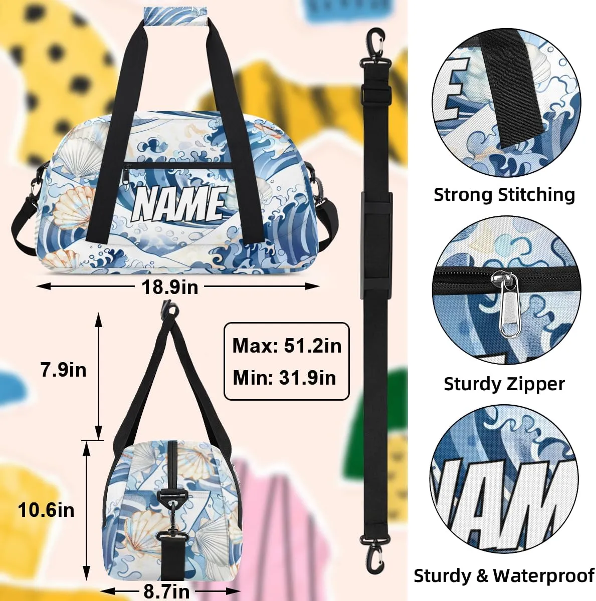 Personalized Custom Gym Bag for Women Men Carry on Ocean Shell Travel Duffel Tote Blue Ocean Overnight Workout Weekender Bag
