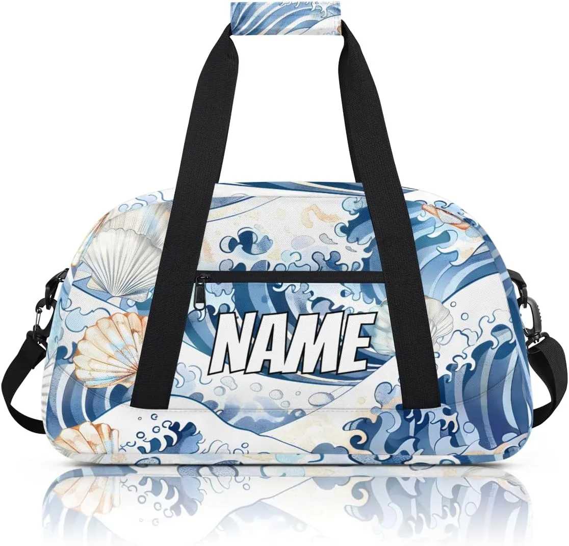 Personalized Custom Gym Bag for Women Men Carry on Ocean Shell Travel Duffel Tote Blue Ocean Overnight Workout Weekender Bag